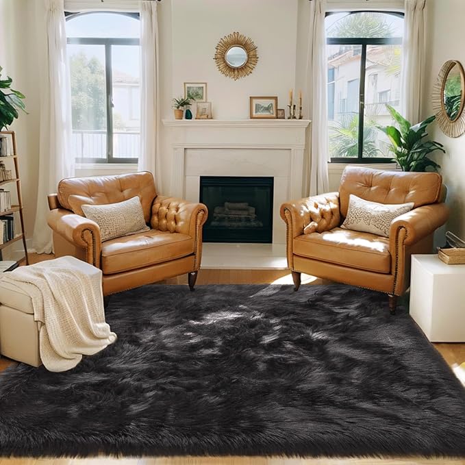 Ciicool Fluffy Area Rug, Black Faux Fur Rugs for Bedroom Living Room, Thick Fuzzy Shag Rug Furry Nursery Rug Plush Indoor Floor Carpets for Kids Girls Boys Teen Dorm, 4x6 ft