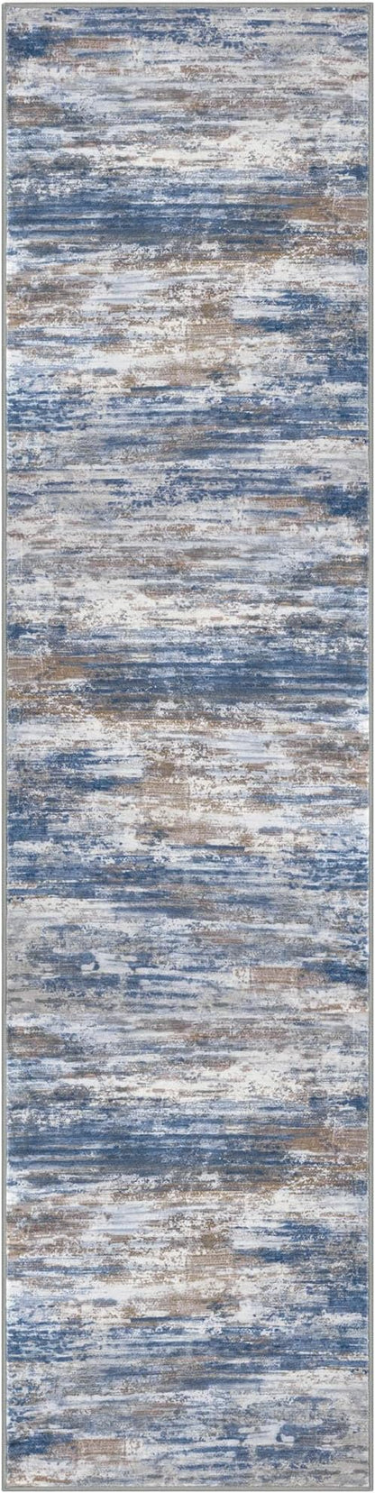 KOZYFLY Modern Abstract Washable Rug Runner 2.6x10 Hallway Rug Runner Non-Slip Soft Kitchen Runner Rugs, Blue Rust Striped Carpet for Entryway Bathroom Laundry Room Foyer