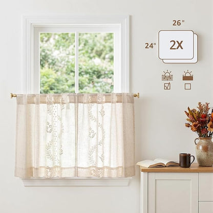 jinchan Belrose Linen Floral Kitchen Curtains 24 inch Length Embroidered Farmhouse Cafe Curtains for Living Room Bathroom Small Windows Curtain Set Sheer Light Filtering 2 Panels Ivory