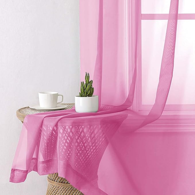 Lecloud Hot Pink Sheer Curtains for Bedroom 84 Inches Long 2 Panels, Light Filtering Voile Rod Pockets Window Curtains for Living Room, Rustic Farmhouse Decor Drapes, Each Panel 42" W x 84" L