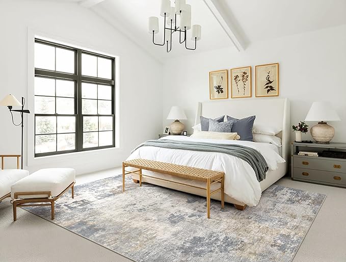 UERMEI 10x14 Area Rug Living Room Rugs - Washable Neutral Modern Abstract Soft Thin Large Rug Indoor Floor No Slip Rug Carpet for Bedroom Under Dining Table Home Office Decor - Blue Grey