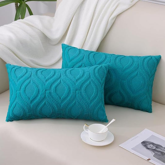 decorUhome Summer Throw Pillow Covers 12x20 Inch Set of 2, Soft Plush Faux Wool Teal Solid Couch Pillow Covers, Accent Farmhouse Neutral Rectangle Pillow Cases for Sofa Bed Living Room