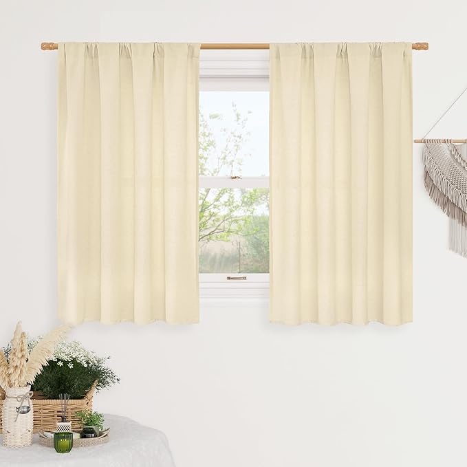 LAMIT Beige Linen Curtains for Windows 2 Panels Set, 48 Inch Linen Textured Light Filtering Bedroom Drapes Rod Pocket Boho Window Treatment Panels for Farmhouse/RV Camper/Loft, 42 x 48 Inch