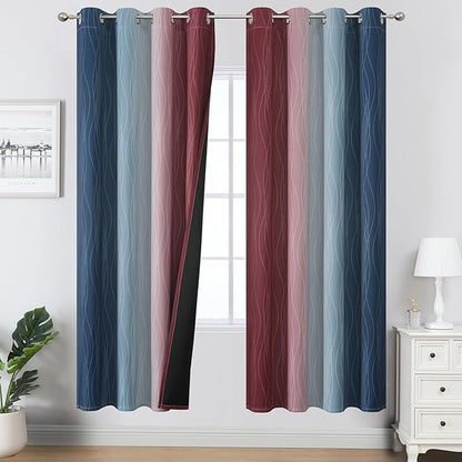 Estelar Textiler Navy Blue and Burgundy Red Ombre Blackout Curtains for Living Room,Energy Efficient Room Darkening Drapes, Grommet Thermal Insulated Window Treatments for Bedroom,52Wx72L,2 Panels