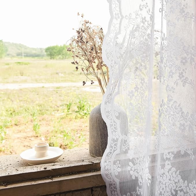 YJ YANJUN Vintage Lace Curtains Chic Floral White Short Sheer Bathroom Curtains for Small Window 2 Panels, Light Filtering Net Drapes for Bedroom, Laundry Room Light Filtering W52 X L45