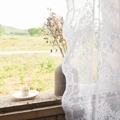 YJ YANJUN Vintage Lace Curtains Chic Floral White Short Sheer Bathroom Curtains for Small Window 2 Panels, Light Filtering Net Drapes for Bedroom, Laundry Room Light Filtering W52 X L45