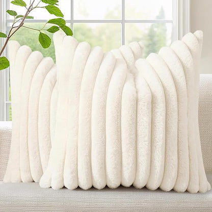 decorUhome Summer Cozy Faux Fur Throw Pillow Covers 12x12 Set of 2 Decorative Soft Plush Striped Modern Farmhouse Boho Couch Pillow Cases with Velvet Back for Sofa Bed Living Room, Cream White