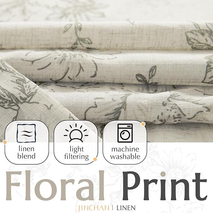 jinchan Lined Linen Blend Curtain Floral Curtains for Living Room 108 Inches Extra Long Grey Peony Flower Printed Curtain Back Tab Farmhouse Patterned Drapes Bedroom Window Curtains Set 2 Panels