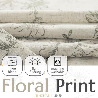 jinchan Lined Linen Blend Curtain Floral Curtains for Living Room 108 Inches Extra Long Grey Peony Flower Printed Curtain Back Tab Farmhouse Patterned Drapes Bedroom Window Curtains Set 2 Panels