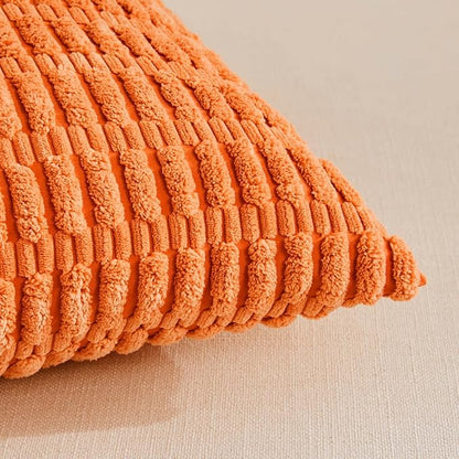 Fancy Homi 4 Packs Orange Fall Decorative Throw Pillow Covers 26x26 Inch for Couch Living Room Bed Sofa, Halloween Pumpkin Autumn Home Decor, Soft Cute Plush Corduroy Striped Cushion Case 66x66 CM