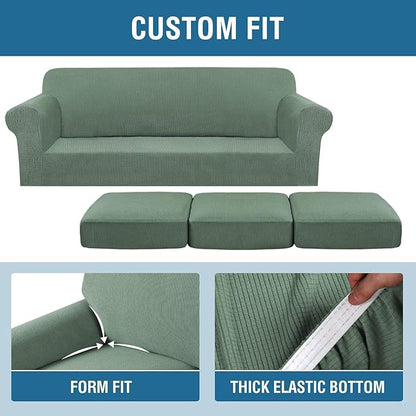 H.VERSAILTEX 4 Piece Stretch Sofa Covers for 3 Cushion Couch Covers for Living Room Furniture Slipcovers (Base Cover Plus 3 Seat Cushion Covers) Thicker Jacquard Fabric (Large Sofa, Loden Frost)