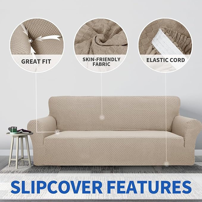 ZNSAYOTX 1 Piece Jacquard Couch Covers for 2 Cushion Couch High Stretch Loveseat Slipcover for Pets Dogs Anti Slip Love Seat Sofa Slipcover Furniture Protector (Loveseat, Khaki)