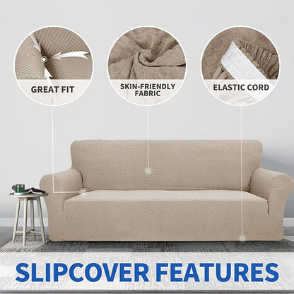 ZNSAYOTX 1 Piece Jacquard Couch Covers for 2 Cushion Couch High Stretch Loveseat Slipcover for Pets Dogs Anti Slip Love Seat Sofa Slipcover Furniture Protector (Loveseat, Khaki)
