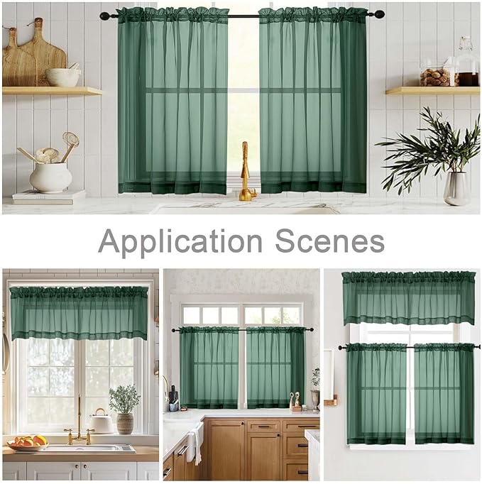 Cafe Curtains 36 Inch Length Tier 2 Pieces, Modern Soft Airy Sheer Kitchen Short Curtains for Small Window, Rod Pocket Small Curtain for Bathroom Basement, Hunter Green, Each, 42"Wx36"L Inch