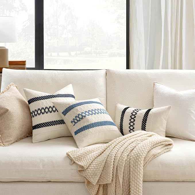 MIULEE Set of 2 Coastal Blue Boho Decorative Pillow Covers 18x18 Inch Farmhouse Rustic Couch Throw Pillows Modern Summer Cotton Cushion Covers Retro Cute Macrame Woven Spring Decor for Bed Sofa Chair