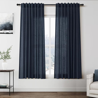 Vintage Blue Curtains 63 Inches Long 2 Panel Sets for Living Room Bedroom Light Filtering Linen Drapes for Kitchen Windows Rod Pocket Back Tab Short See Through Curtain Vintage Country Decor 52x63