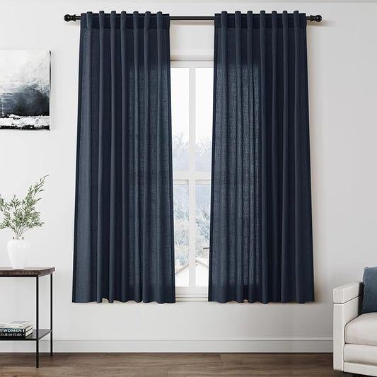 Vintage Blue Curtains 63 Inches Long 2 Panel Sets for Living Room Bedroom Light Filtering Linen Drapes for Kitchen Windows Rod Pocket Back Tab Short See Through Curtain Vintage Country Decor 52x63