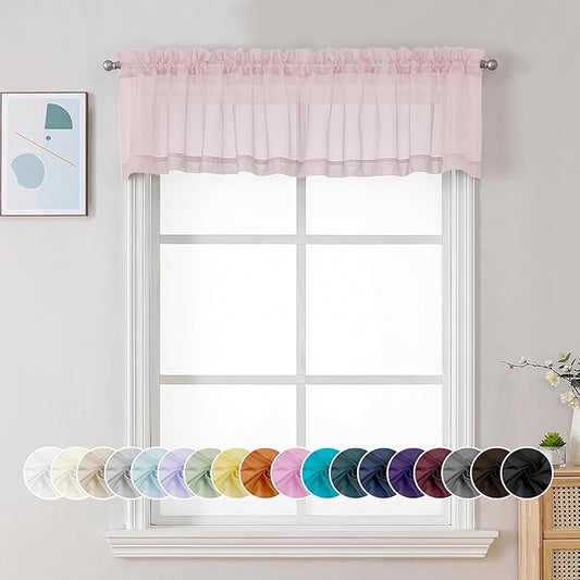 Chyhomenyc Sheer Valances for Windows, Small Window Curtains for Living Room Bathroom Laundry Basement, Modern Dual Rod Pocket Voile Valance Curtain, 42W x 14L inches, 2 Pcs, Blush Pink