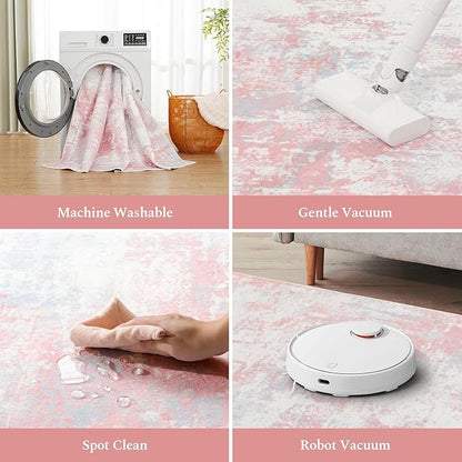 Rugflix 5x7 Area Rugs for Living Room, Washable Large Rug Stain-Resistant Low Pile, Modern Carpet for Dining Room Home Office Kid Room Nursery Bedroom, Pink Grey