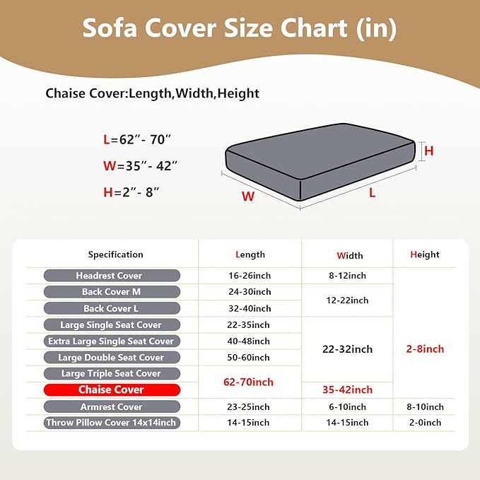Couch Cushion Covers for Sofa Couch Covers Wear-Resistant Universal Sofa Cover Washable Stretch for Sectional Slipcovers (Texture-Light Coffee,Chaise Cover)