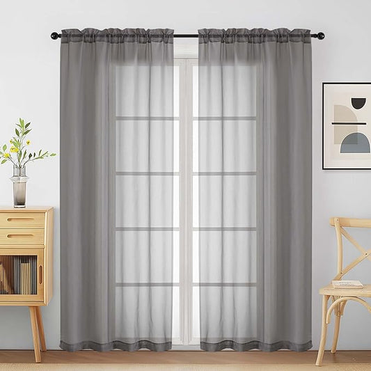 Grey Sheer Curtains for Window 72 inches Long 2 Panels Set, Soft Airy Modern Light Filtering Sheer Curtains for Living Room Bedroom, Dual Rod Pocket Solid Window Drapes, 2x42Wx72L inches