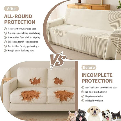 Couch Cover for Dogs, Boho Sofa Covers for 3 Cushion Couch, Chenille Sofa Slipcover for Pets Washable, L-Shape Sectional Couch Loveseat Cover Soft Throw Blankets with Tassels(71x118,Arc Beige)