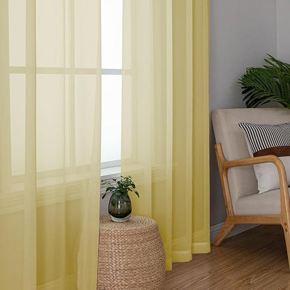 Simplebrand Yellow Sheer Curtains 63 Inch Length 2 Panels, Rod Pocket Solid Color Window Sheer Curtain Panels, Elegant Curtains & Drapes for Living Room, Bedroom (42" W x 63" L)