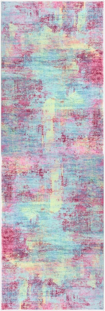 IOHOUZE Abstract Runner Rug 3x8 Ft Washable Runners for Hallways, Non Slip Kitchen Runner Printed Faux Wool Entryway Runner Indoor, Modern Abstract Floor Carpet for Hall Kitchen Bedroom, Pink Teal