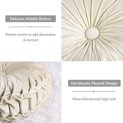 HIG Set of 2 Decorative Round Pleated Throw Pillows,Classy Accent Pumpkin Throw Pillows with Center Button,Vintage Velvet Floor Pillows for Sofa Vanity Chair Bed, Beige,14.5" Diameter(Ripple)
