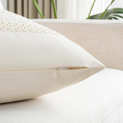 Fancy Homi Set of 1 Boho Cream Decorative Throw Pillow Cover 16x16 Inch for Couch Bed Sofa, Aesthetic Modern Organic Farmhouse Home Decor, Soft Cotton Cute Accent Macrame Woven Cushion Case