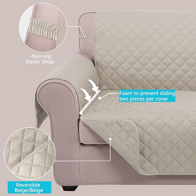 U-NICE HOME Loveseat Sofa Cover Reversible Couch Cover for Dogs with Elastic Straps Water Resistant Furniture Protector for Pets Couch Cover for 2 Cushion Couch (Loveseat, Beige/Beige)