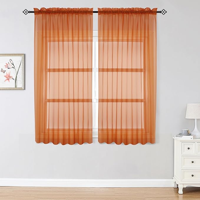OWENIE Sheer Curtains 54 inches Long for Living Room Bedroom, Rod Pocket Light Filtering Voile Sheers Panels Drapes Small Window Treatments 2 Panels, 42" W x 54" L, Orange