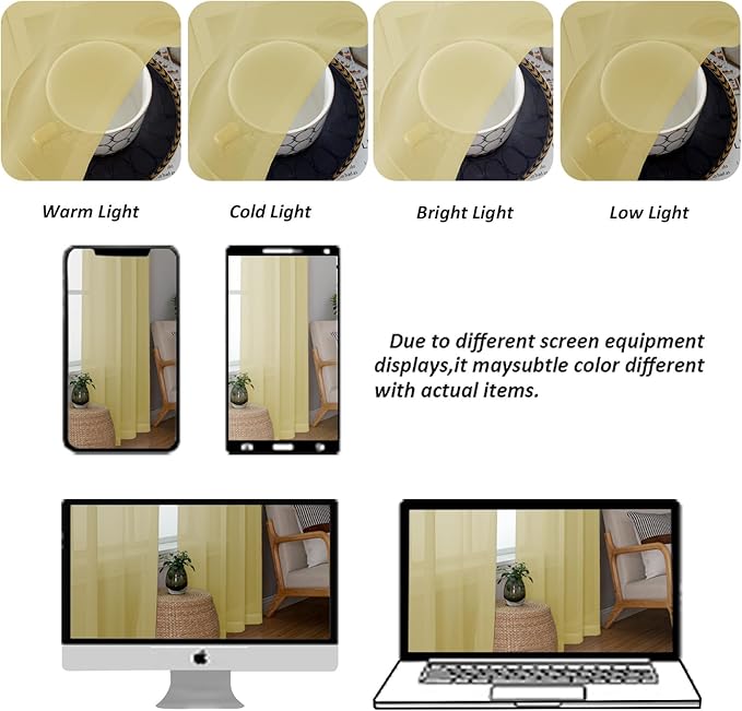 Chyhomenyc Mustard Yellow Sheer Valances for Windows - Light Filtering Small Kitchen Curtains, Short Top Window Treatment Decor for Living Room Bathroom Basement, 42Wx18L inches, 2 Pack