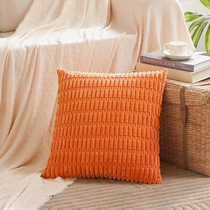 Fancy Homi 4 Packs Orange Fall Decorative Throw Pillow Covers 16x16 Inch for Couch Living Room Bed Sofa, Halloween Pumpkin Autumn Home Decor, Soft Cute Plush Corduroy Striped Cushion Case 40x40 CM