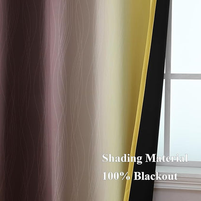 Estelar Textiler Yellow and Brown Blackout Curtains, Full Light Blocking Gradient Grommet Drapes for Living Room, Thermal Insulated Ombre Curtains for Bathroom, 52Wx54L, 2 Panels