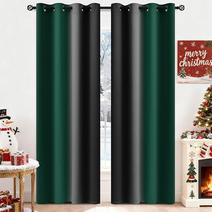 Yakamok Blackout Ombre Dark Green and Black Curtains-Gradient Room Darkening Curtain, Grommet Thermal Insulated Light Blocking Window Drapes Curtain for Living Room Bedroom,52 x 84 Inch,2 Panels