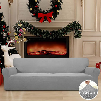 Easy-Going Stretch 4 Seater Sofa Slipcover 1-Piece Sofa Cover Furniture Protector Couch Soft with Elastic Bottom for Kids, Polyester Spandex Jacquard Fabric Small Checks Light Gray