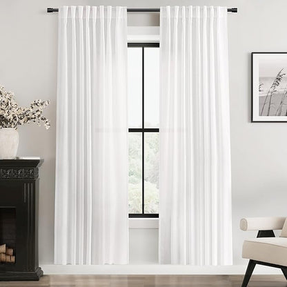 White Linen Curtains 72 inch Long 2 Panel Set for Living Room Back Tab Semi Sheer Light Filtering Bedroom Window Curtain 72 inch Length Cotton Textured Modern Elegant Coastal Drapes 60x72