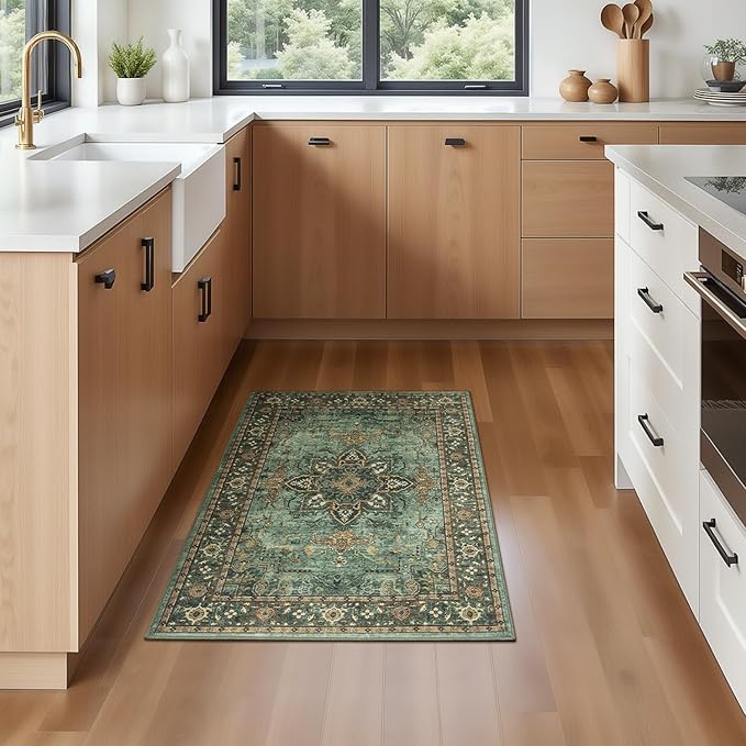 Lofus 2x3 Washable Rug for Entryway Bathroom, Non Slip Kitchen Mats for Floor, Vintage Soft Door Mat Indoor Entrance, Small Area Rugs, Farmhouse Carpet for Entry Living Room Bedroom, Green
