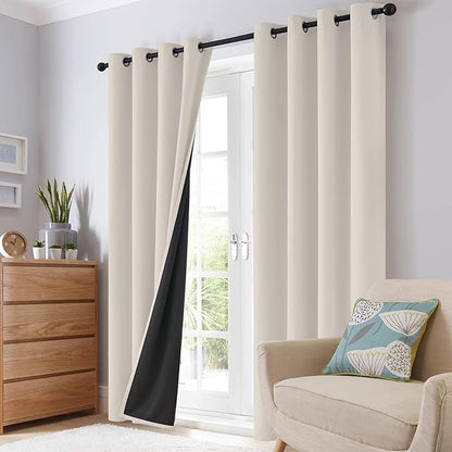 SimpleHome 100% Blackout Curtains for Bedroom,Thermal Insulated Grommet Window Drapes Room Darkening Cream Curtains for Living Room with Black Back,52 x 63 Inch,2 Panels