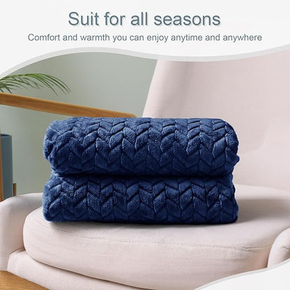 Exclusivo Mezcla Fleece Throw Blanket for Couch and Bed, 50x70 Inches Soft Cozy Jacquard Flannel Blankets, Lightweight Fuzzy Plush Warm Throws for Women, Navy Blue