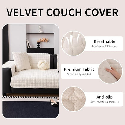 Velvet Couch Cover, Washable Sectional Sofa Cover, Anti Slip Sofa Slipcover for 3 Cushion Couch Sofa L Shaped Armrest Backrest, Furniture Protector Covers for Pets Kids(White, Only 1 PCS)