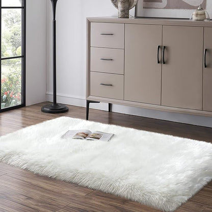 Faux Fur Rug, White Small Fluffy Rug for Sofa Chair Couch Cover 2x4 Feet, Ultra Soft Fuzzy Shag Rug for Bedroom, Indoor Shaggy Plush Floor Carpets Luxury Home Decor for Bedside