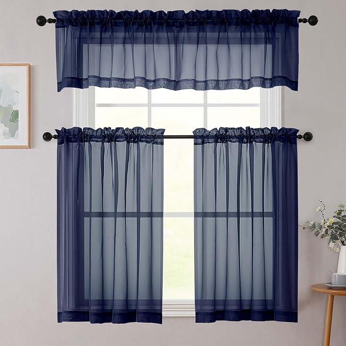 Navy Blue Kitchen Curtains 30 Inch Length Tier 2 PCS, Solid Soft Airy Half Curtains for Windows, Navy Blue Sheer Rod Pocket Drapes for Bathroom Basement Small Window Curtain, 42"Wx30"L Inch
