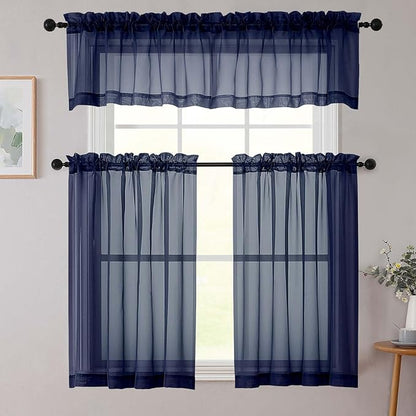 Navy Blue Kitchen Curtains 30 Inch Length Tier 2 PCS, Solid Soft Airy Half Curtains for Windows, Navy Blue Sheer Rod Pocket Drapes for Bathroom Basement Small Window Curtain, 42"Wx30"L Inch