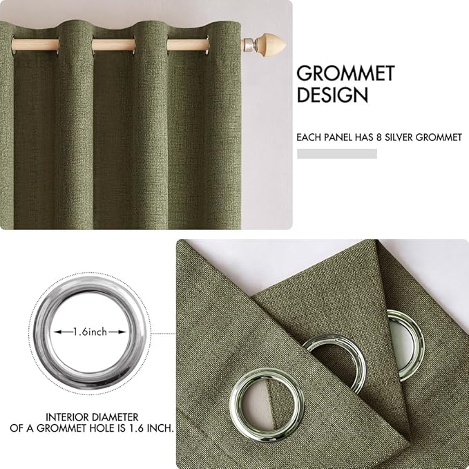 MIULEE Linen Texture Curtains for Bedroom Solid 100% Blackout Thermal Insulated Light Olive Green Curtains Grommet Room Darkening Drapes for Living Room Nursery 52x90 Inch (2 Panels)
