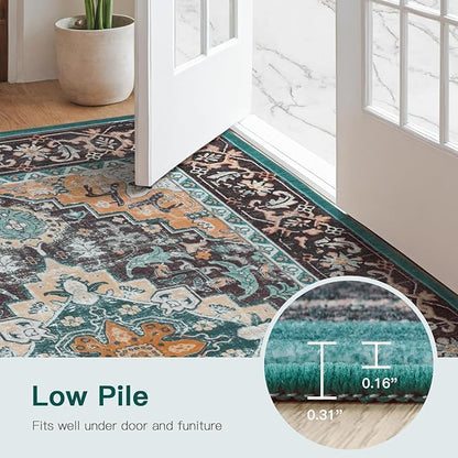 Lofus 5x7 Area Rugs for Living Room, Washable Area Rug, Rugs for Bedroom, Kitchen, Vintage Boho Carpet, Soft Non-Slip, Low Pile Large Area Rug for Office Dining Room, Floral Green