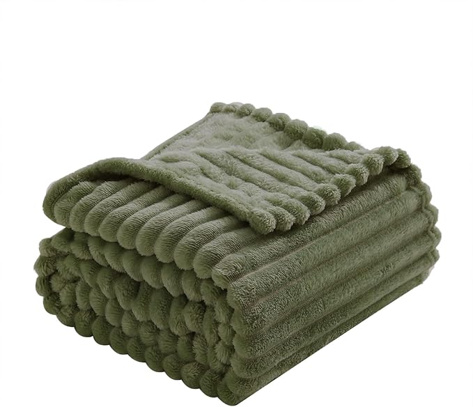 Olive Green Fleece Throw Blanket 90”×90” for Couch Sofa Bed,Super Soft Cozy Plush Microfiber Flannel Blanket with Stripes Design Lightweight for Adults,Woman,Girls