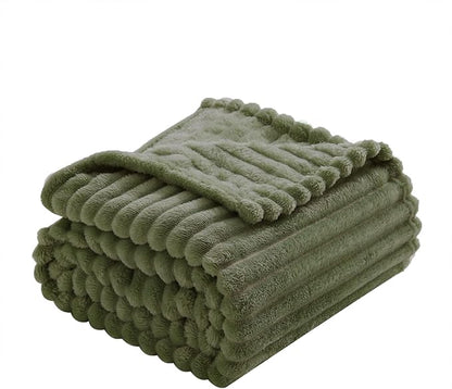 Olive Green Fleece Throw Blanket 90”×90” for Couch Sofa Bed,Super Soft Cozy Plush Microfiber Flannel Blanket with Stripes Design Lightweight for Adults,Woman,Girls
