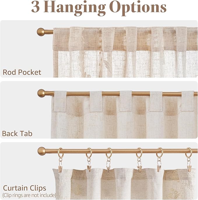 jinchan Belrose Linen Floral Kitchen Curtains 36 inch Length Embroidered Farmhouse Cafe Curtains for Living Room Bathroom Small Windows Curtain Set Sheer Light Filtering 2 Panels Ivory